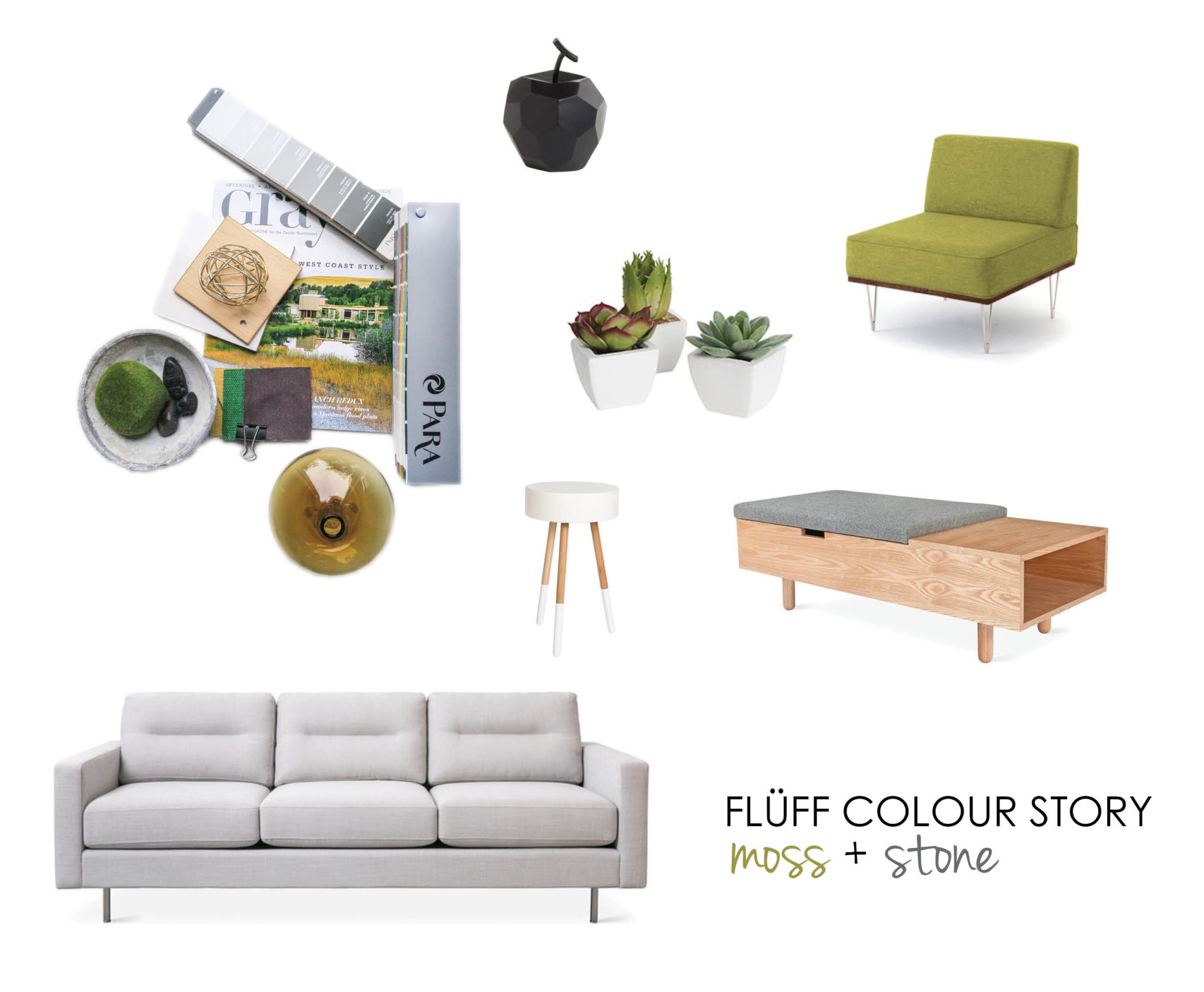mood board for a living room with green decor