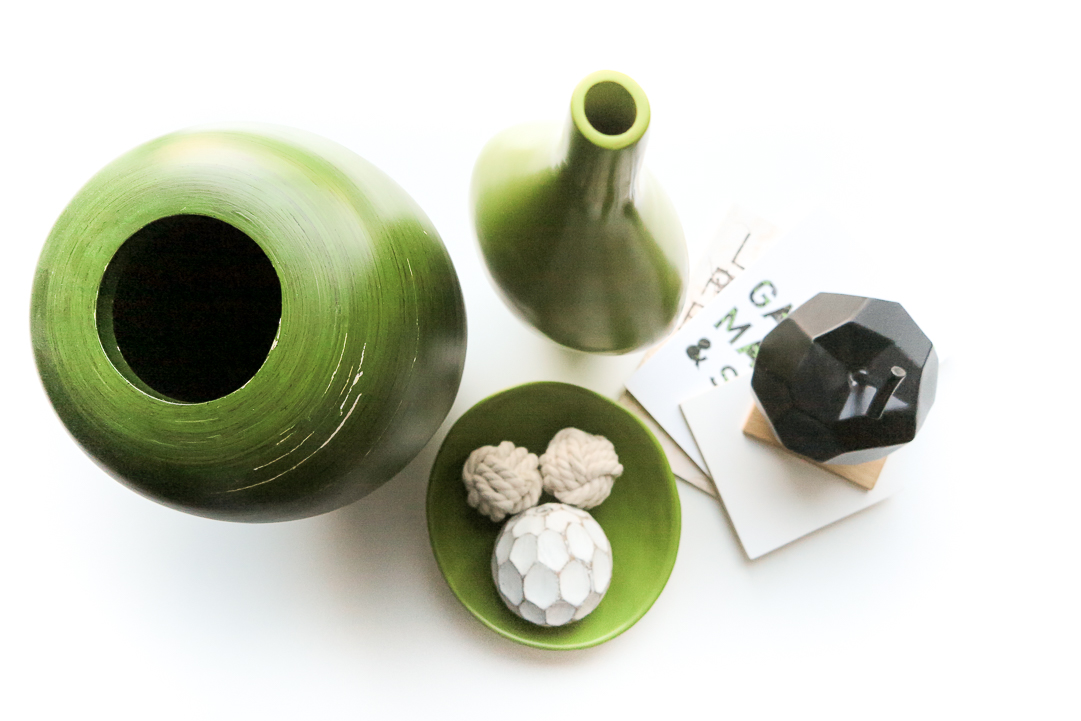 green vases and bowls