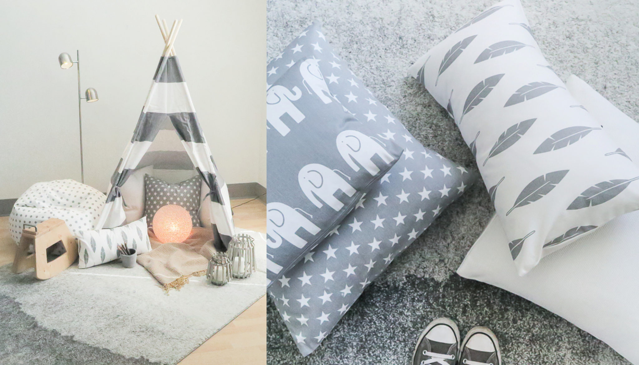 kids tee-pee and bean bag chair in gray and white stripes and polka dots