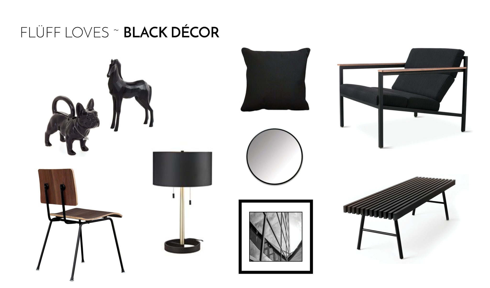mood board with all black elements. Gus Modern Chair, bench and dining chair