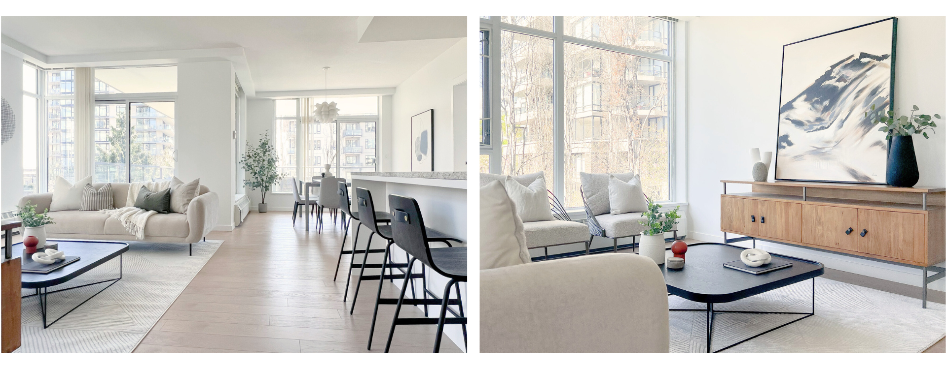 Small space design condo living room with low-profile sofa and slim coffee table